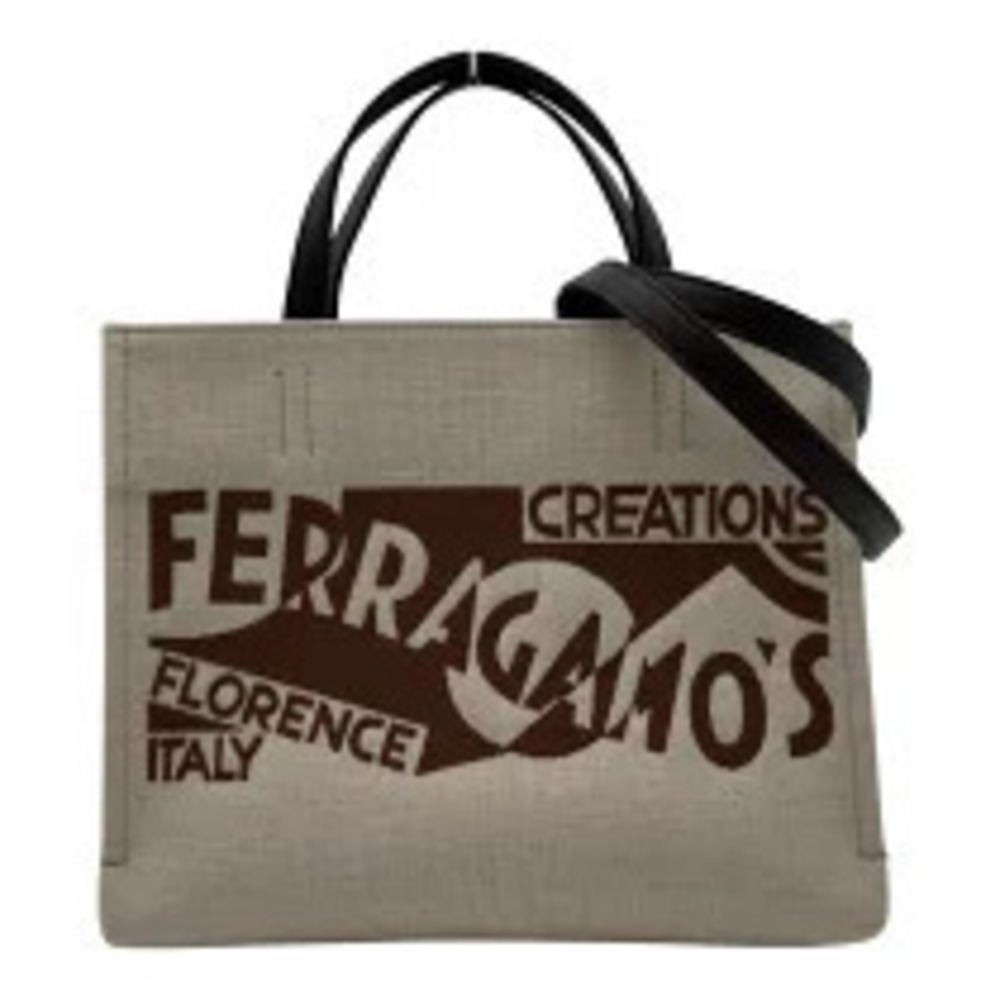 Salvatore Ferragamo Tote Bag Beige Cream Brown Canvas Leather
